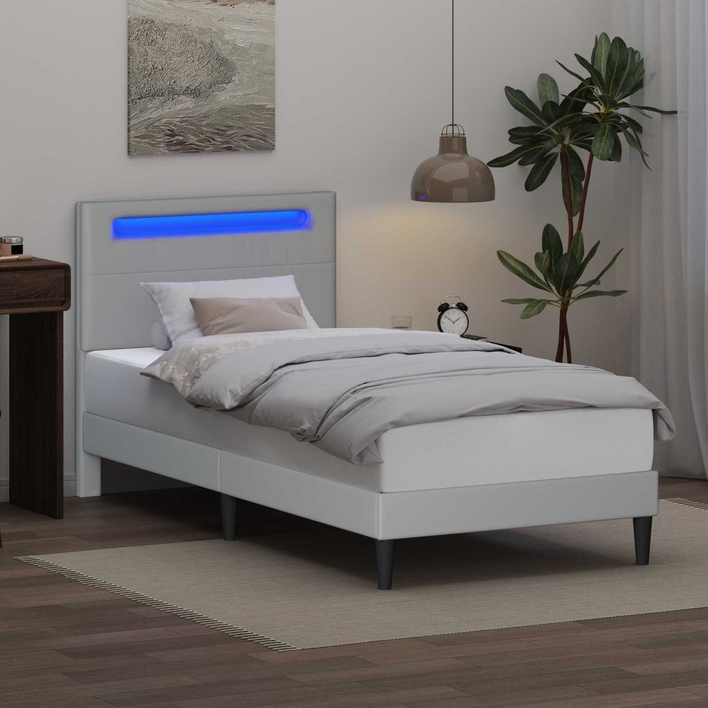 Sengestel med LED-lysstrimler Hvid 100 x 200 cm Kunstlæder