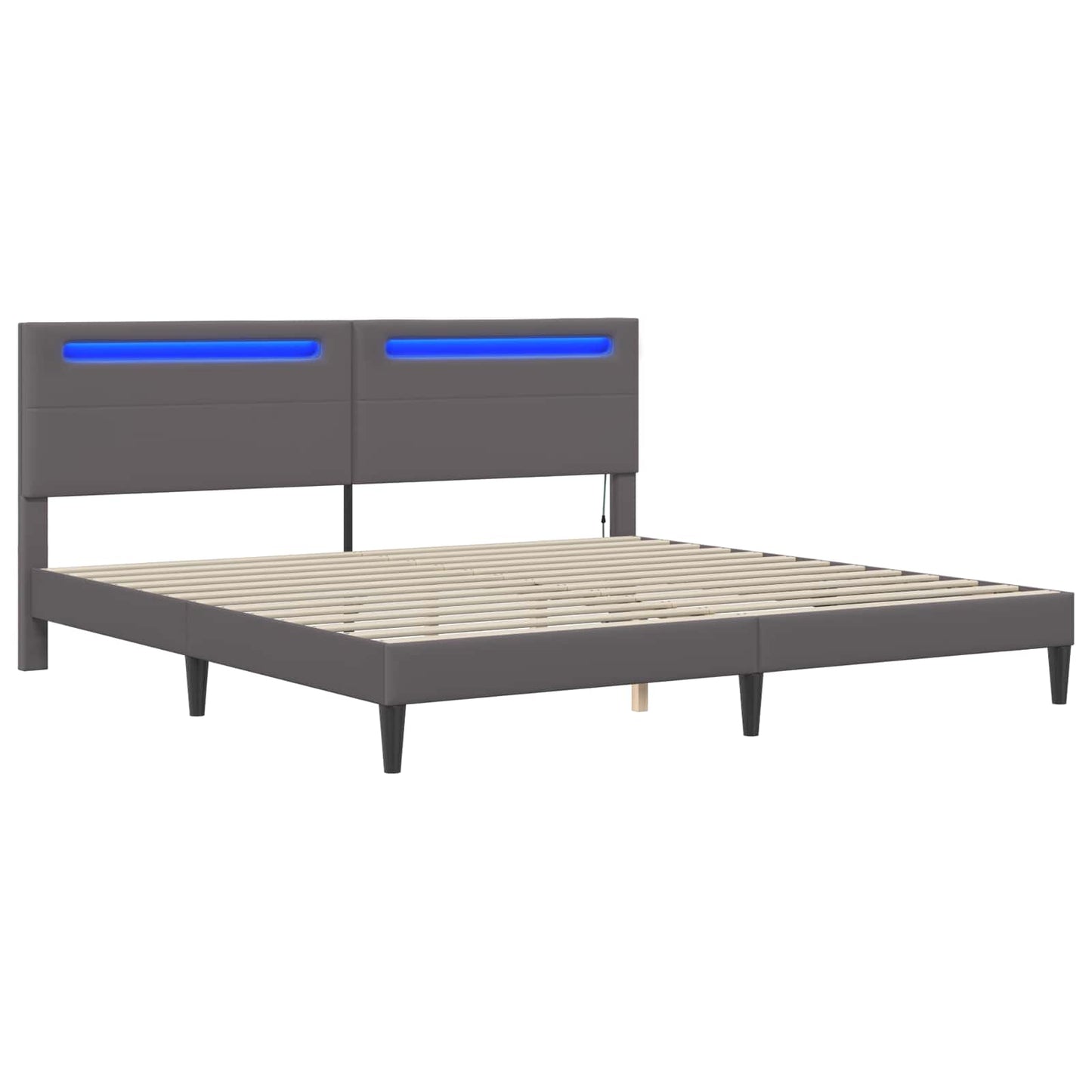 Sengestel med LED-lysstrimler Grå 200 x 200 cm Kunstlæder