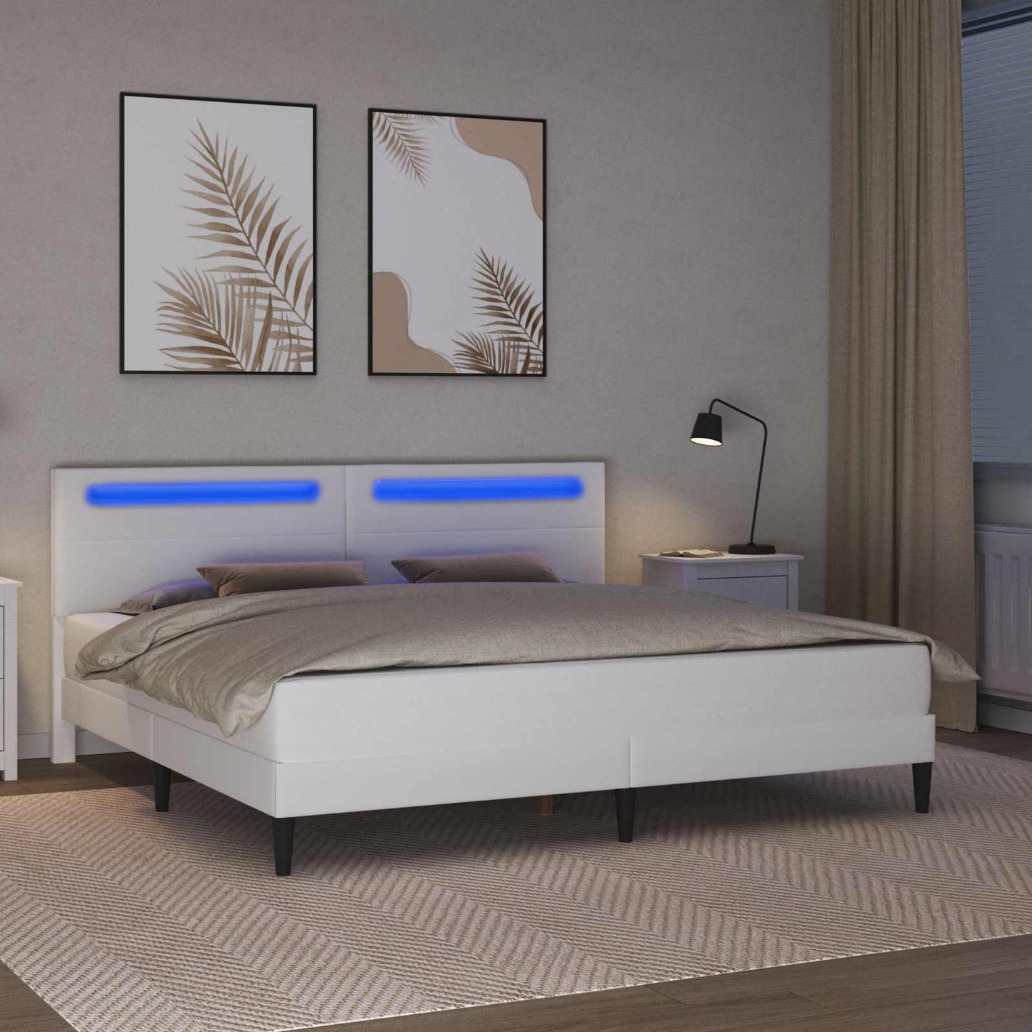 Sengestel med LED-lysstrimler Hvid 200 x 200 cm Kunstlæder