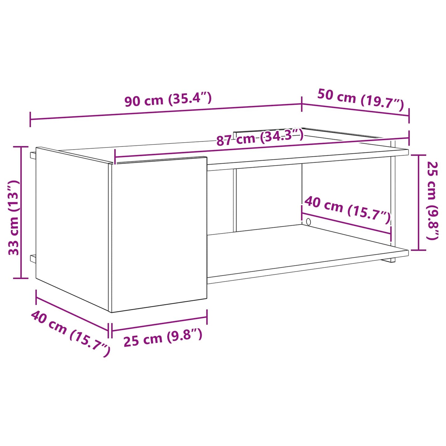 Sofabord Sonoma-eg 90 x 50 x 33 cm Konstrueret træ