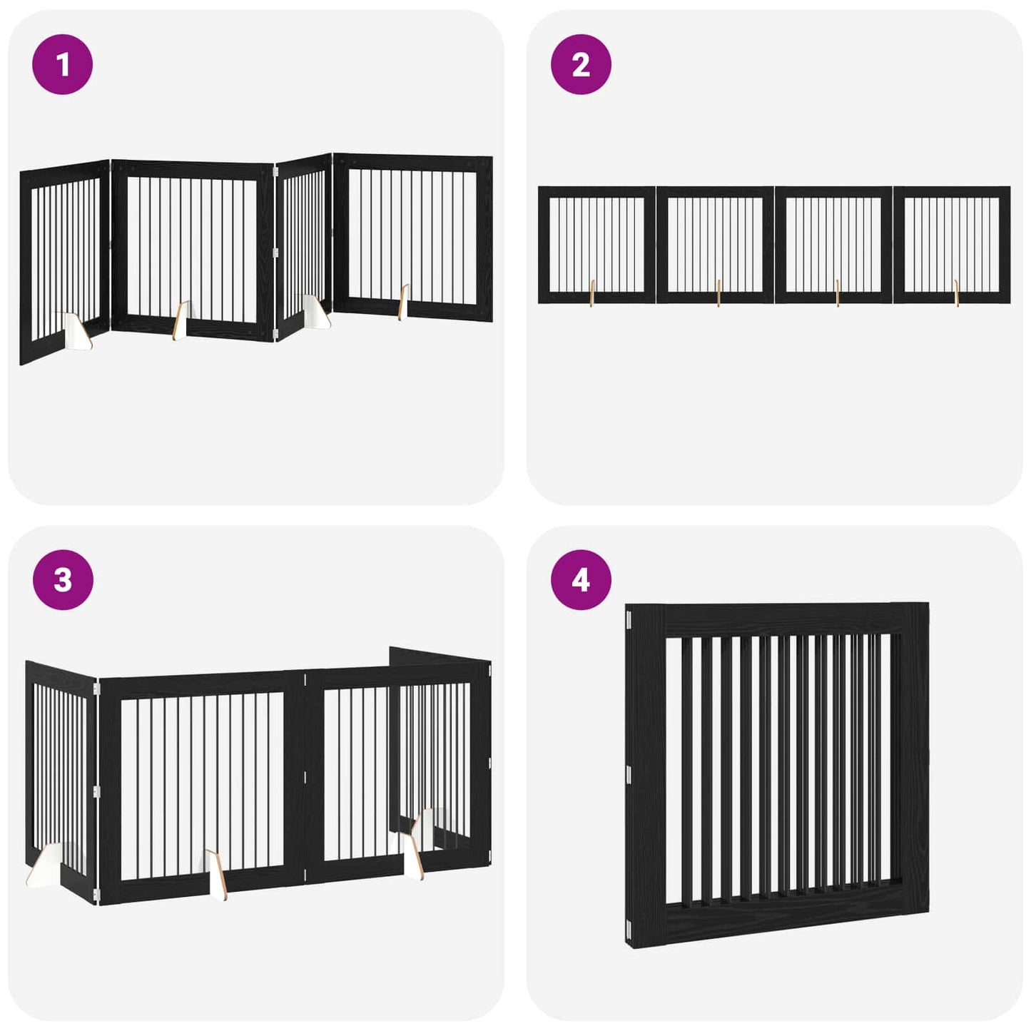 Sammenklappelig hundegitter med stativer 4 pcs Sort eg 401 cm