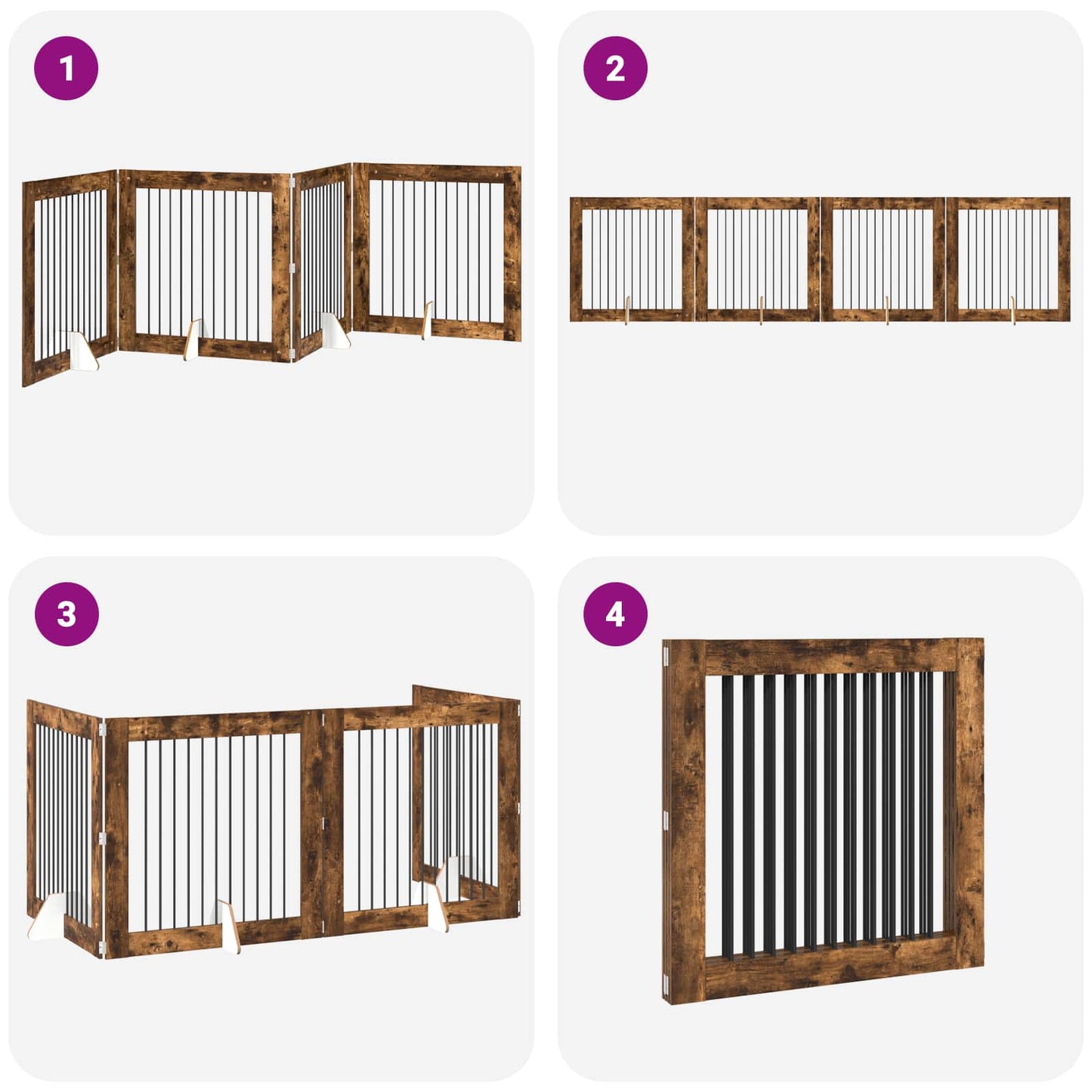 Sammenklappelig hundegitter med stativer 4 pcs Røget eg 401 cm