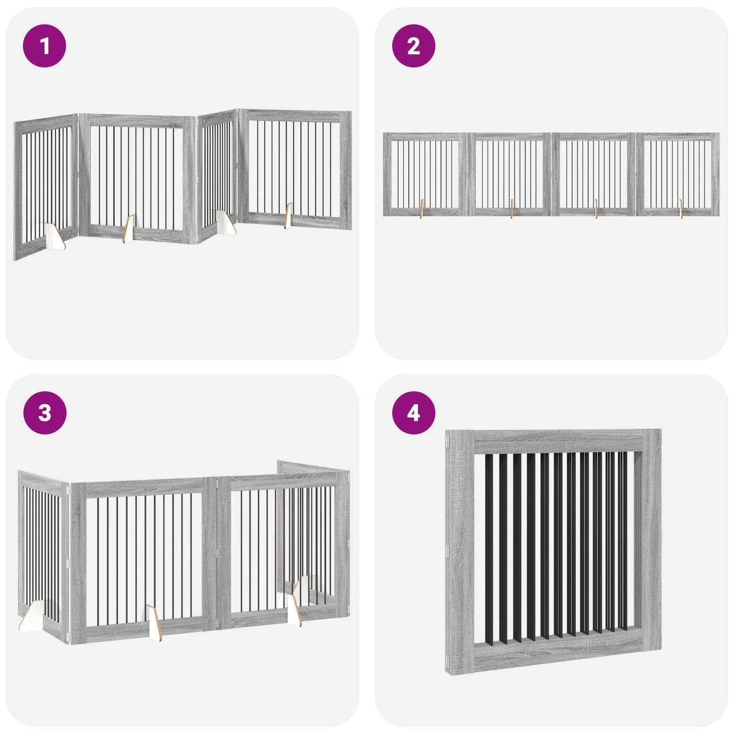 Sammenklappelig hundegitter med stativer 4 pcs Grå sonoma-eg