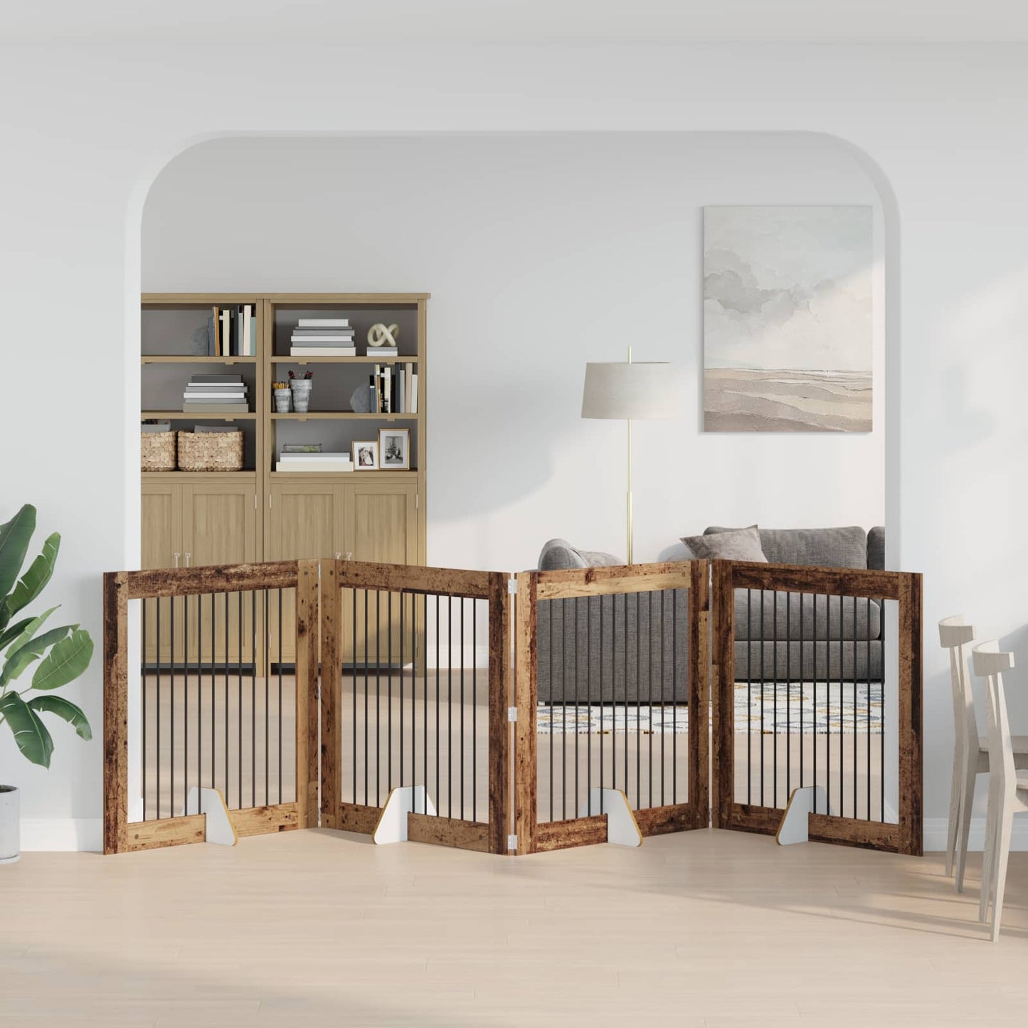 Sammenklappelig hundegitter med stativer 4 pcs Gammelt træ