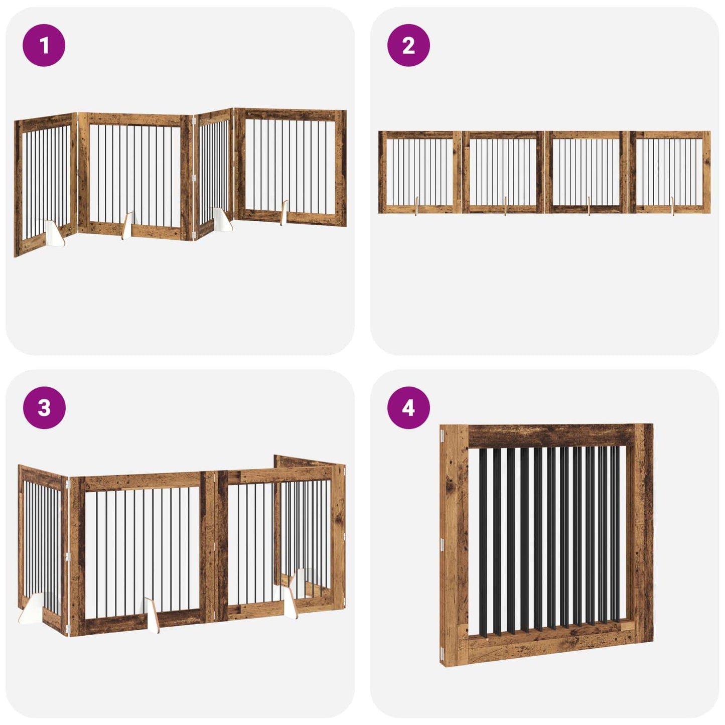 Sammenklappelig hundegitter med stativer 4 pcs Gammelt træ