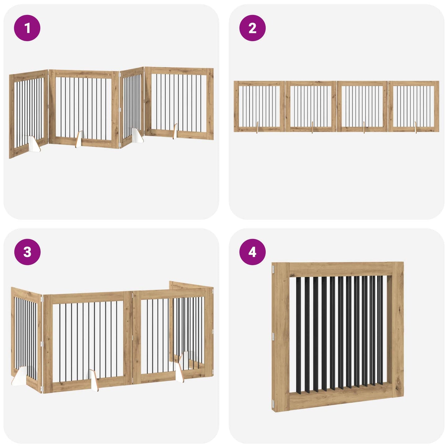 Sammenklappelig hundegitter med stativer 4 pcs Artisan-eg