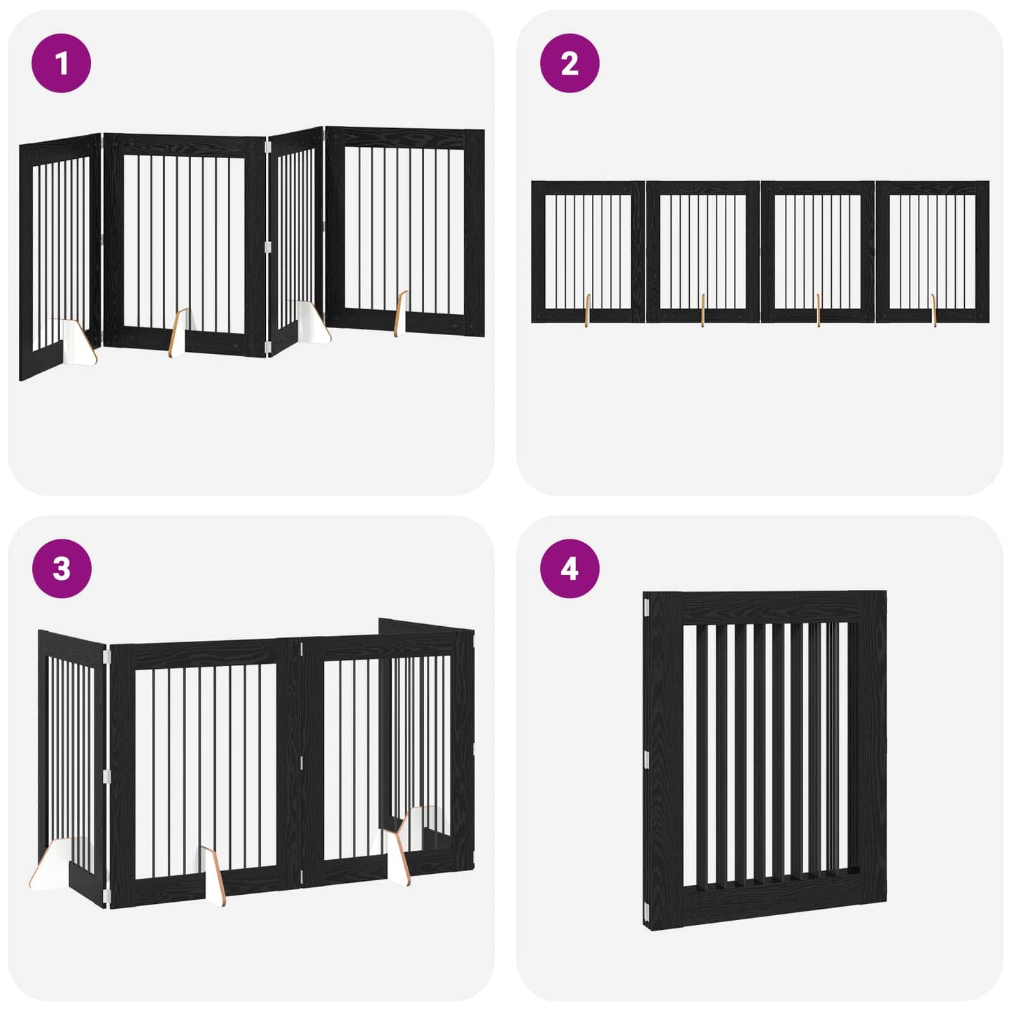 Sammenklappelig hundegitter med stativer 4 pcs Sort eg 321 cm