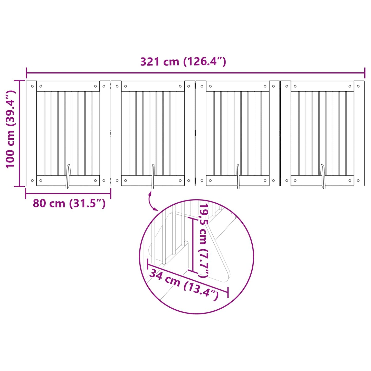 Sammenklappelig hundegitter med stativer 4 pcs Røget eg 321 cm