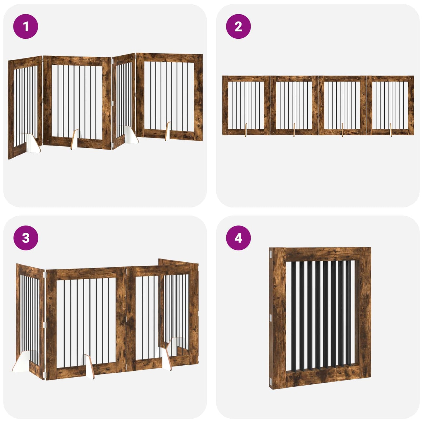 Sammenklappelig hundegitter med stativer 4 pcs Røget eg 321 cm