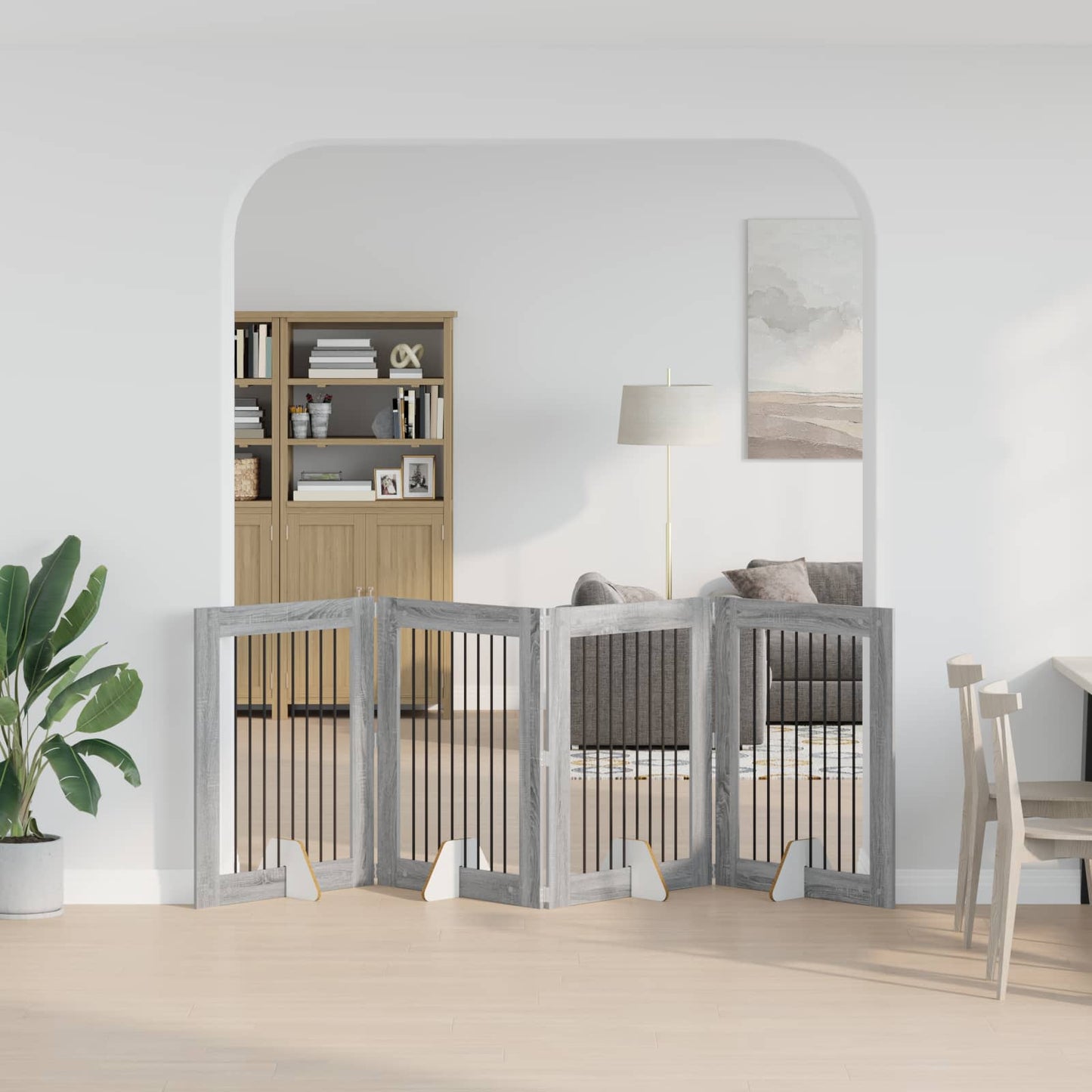 Sammenklappelig hundegitter med stativer 4 pcs Grå sonoma-eg