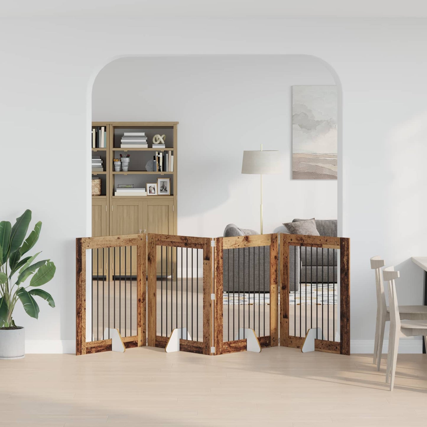 Sammenklappelig hundegitter med stativer 4 pcs Gammelt træ