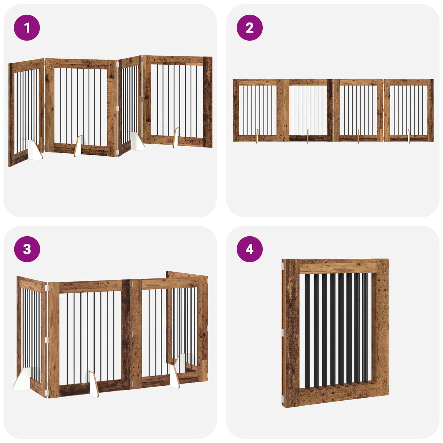 Sammenklappelig hundegitter med stativer 4 pcs Gammelt træ