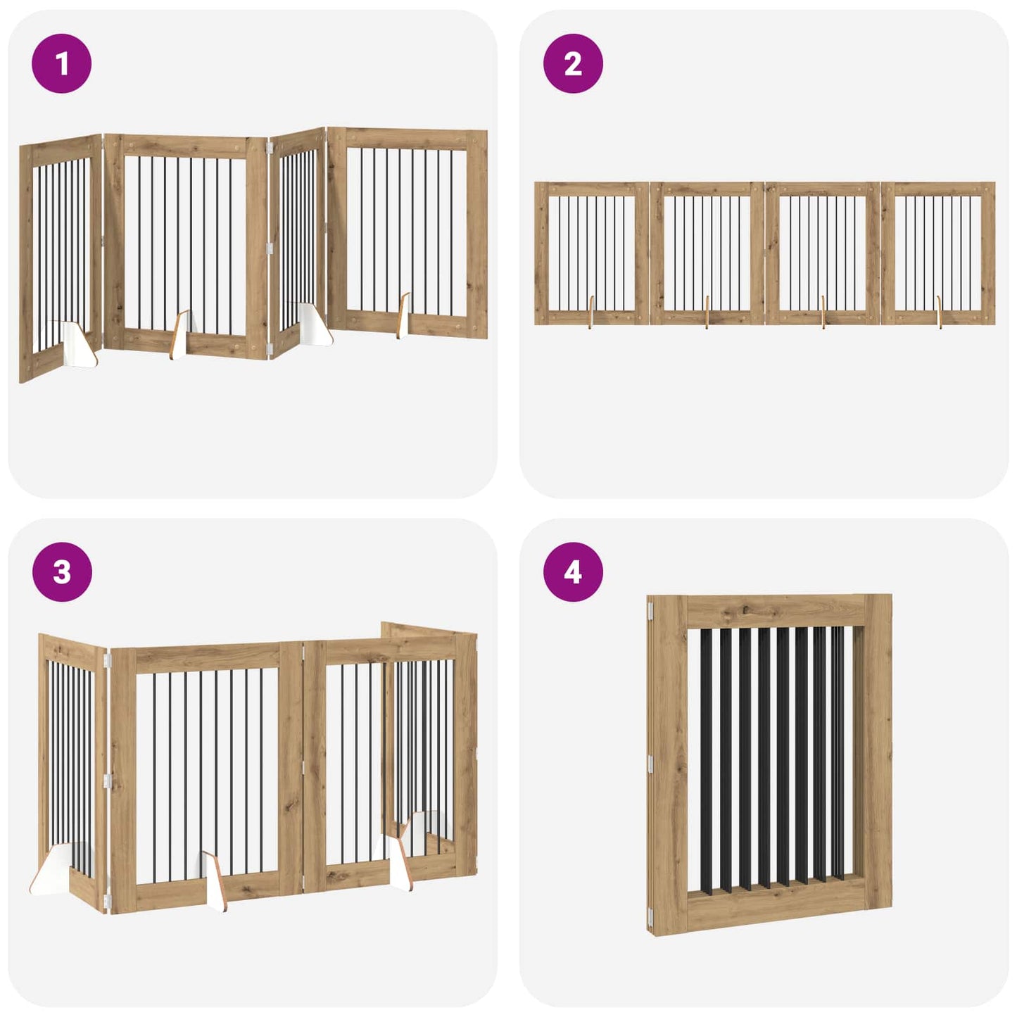 Sammenklappelig hundegitter med stativer 4 pcs Artisan-eg