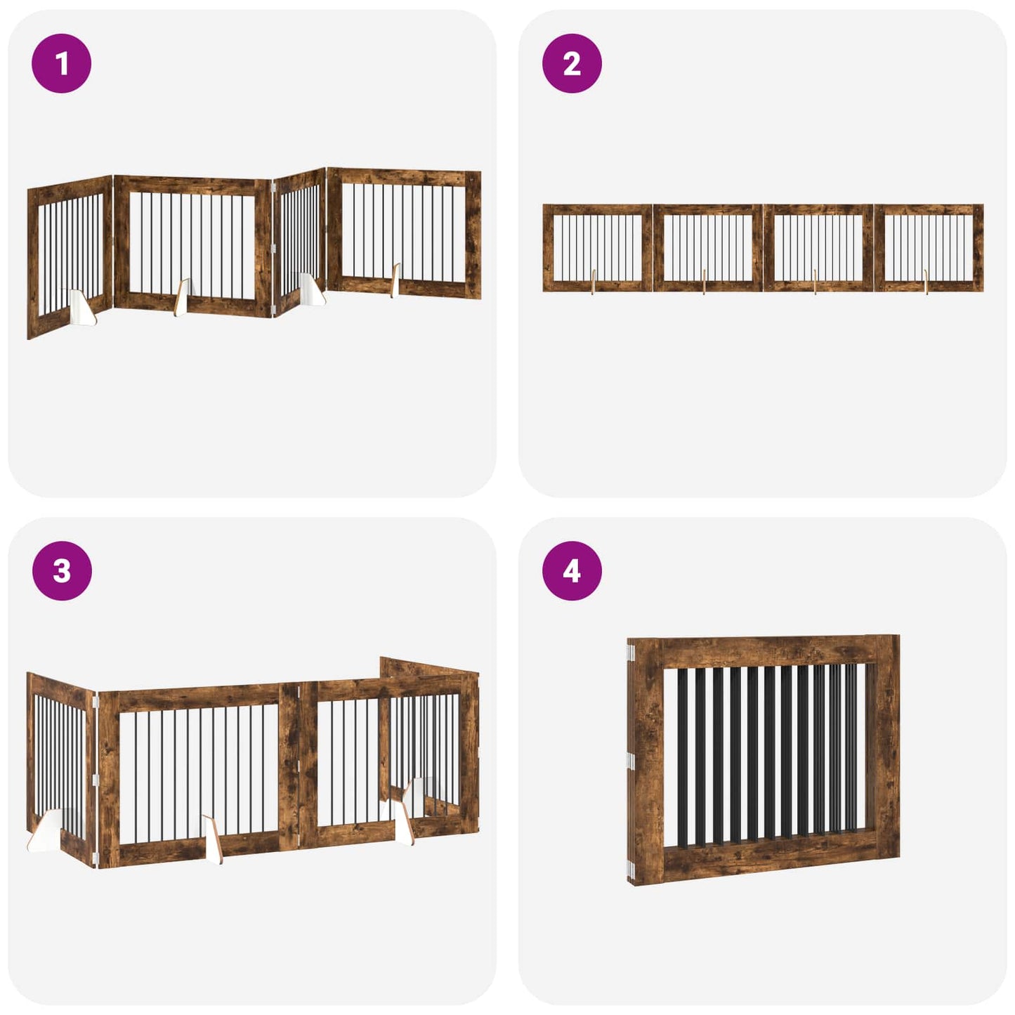 Sammenklappelig hundegitter med stativer 4 pcs Røget eg 401 cm