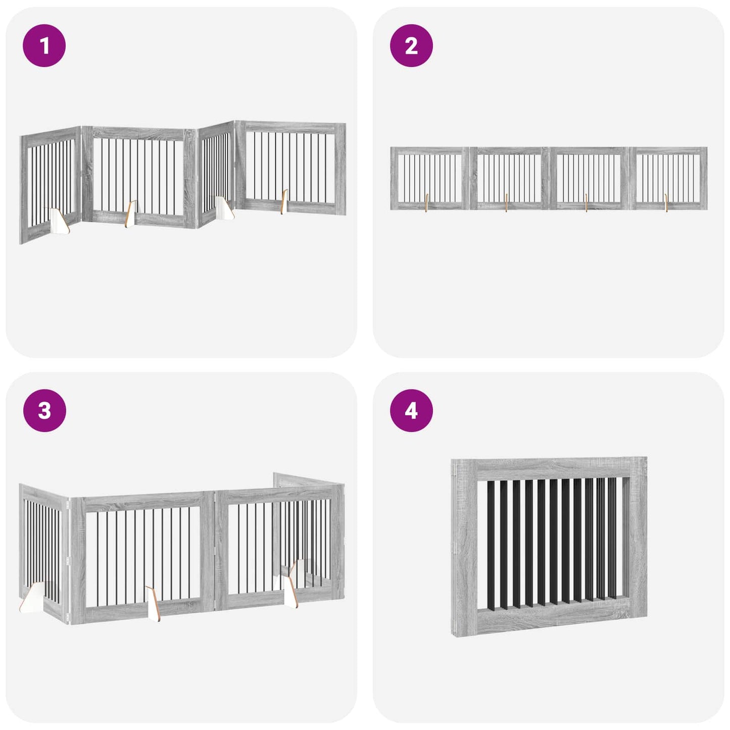 Sammenklappelig hundegitter med stativer 4 pcs Grå sonoma-eg