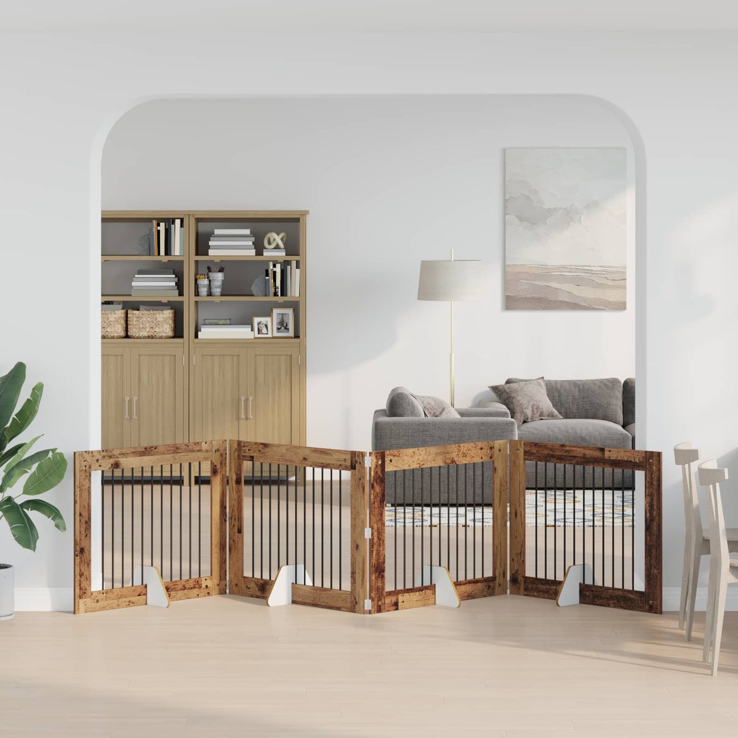 Sammenklappelig hundegitter med stativer 4 pcs Gammelt træ