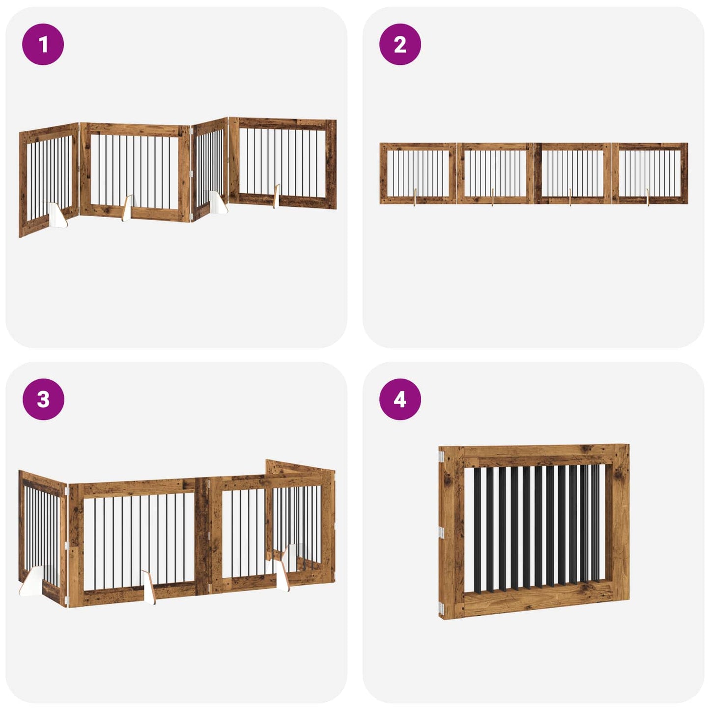 Sammenklappelig hundegitter med stativer 4 pcs Gammelt træ
