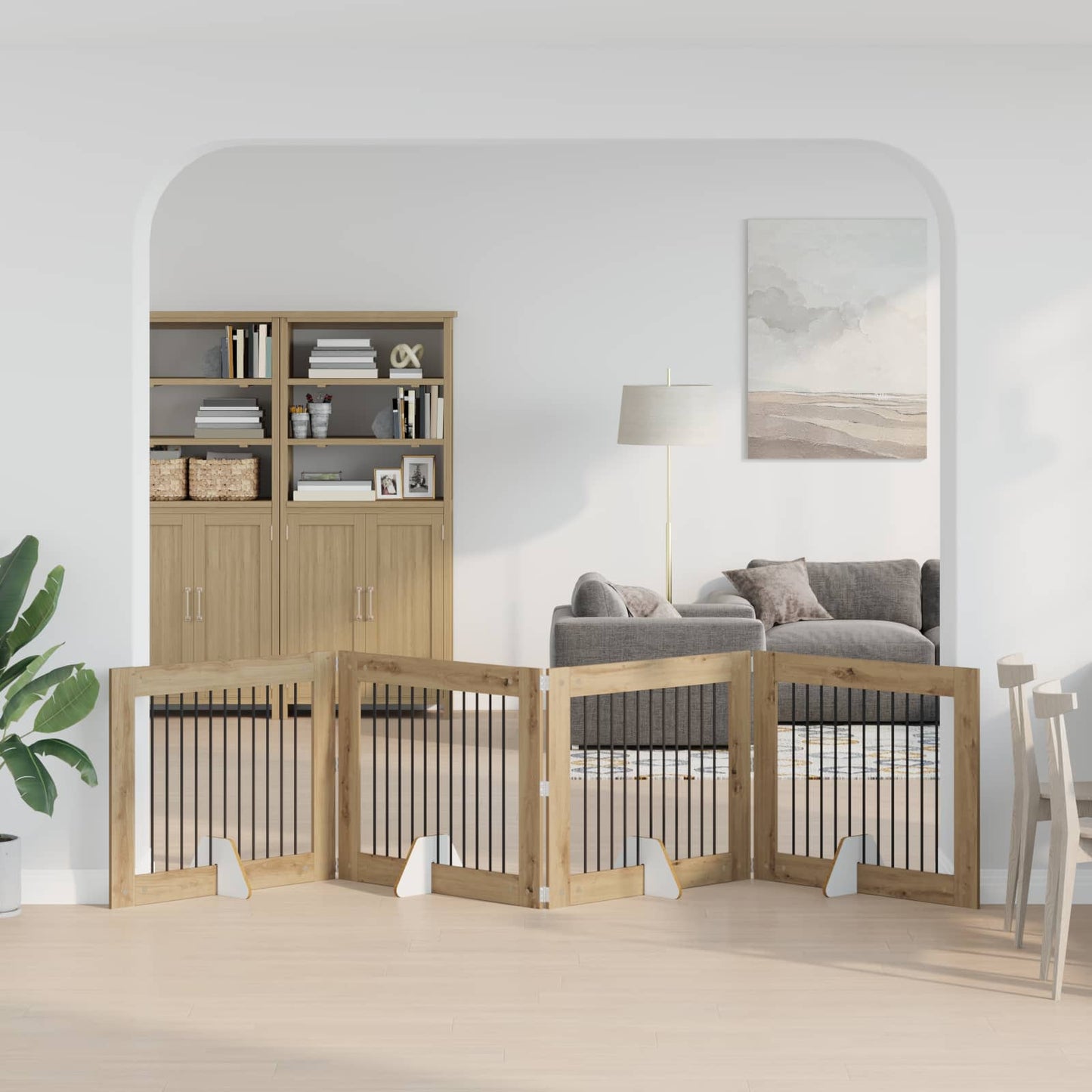 Sammenklappelig hundegitter med stativer 4 pcs Artisan-eg