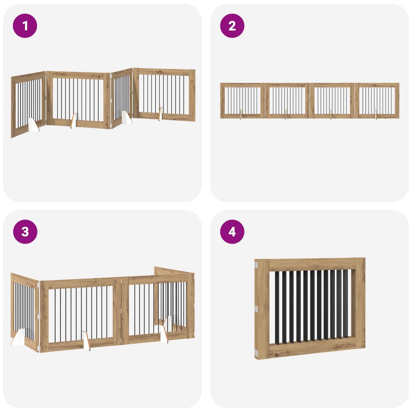 Sammenklappelig hundegitter med stativer 4 pcs Artisan-eg