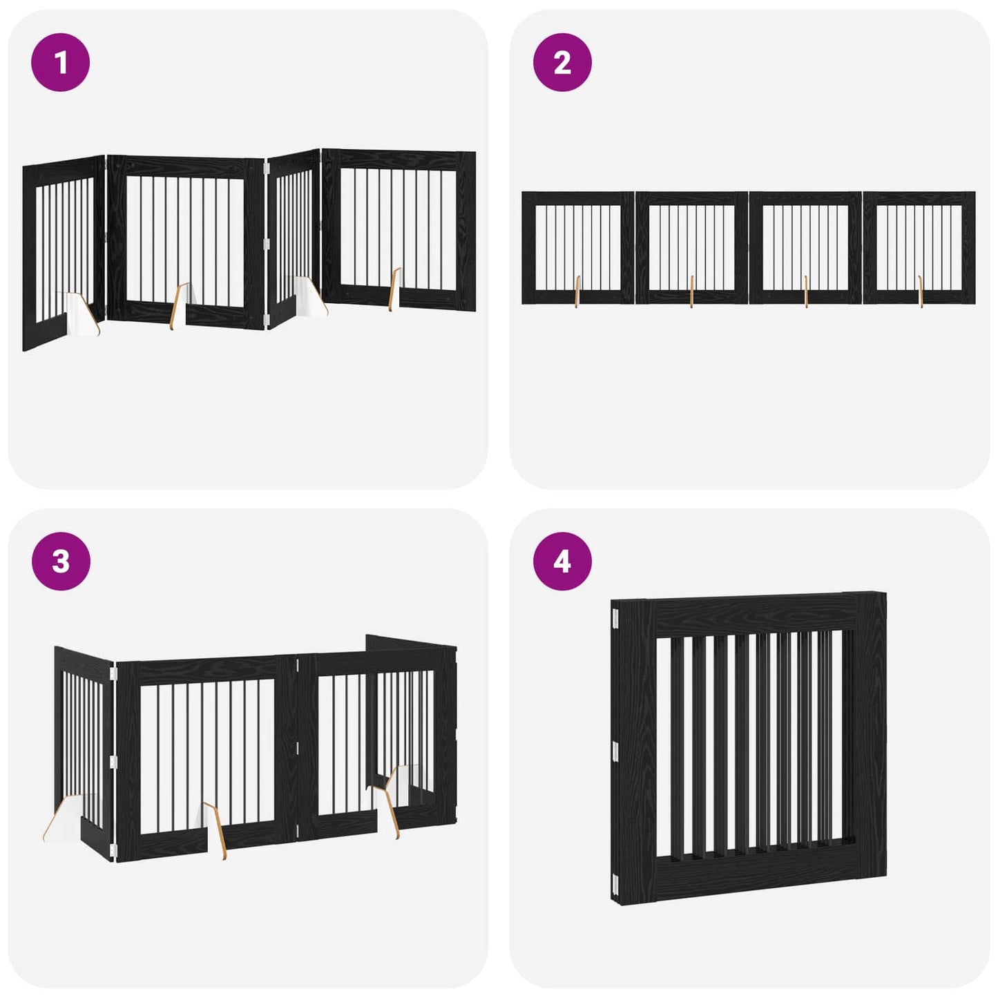Sammenklappelig hundegitter med stativer 4 pcs Sort eg 321 cm