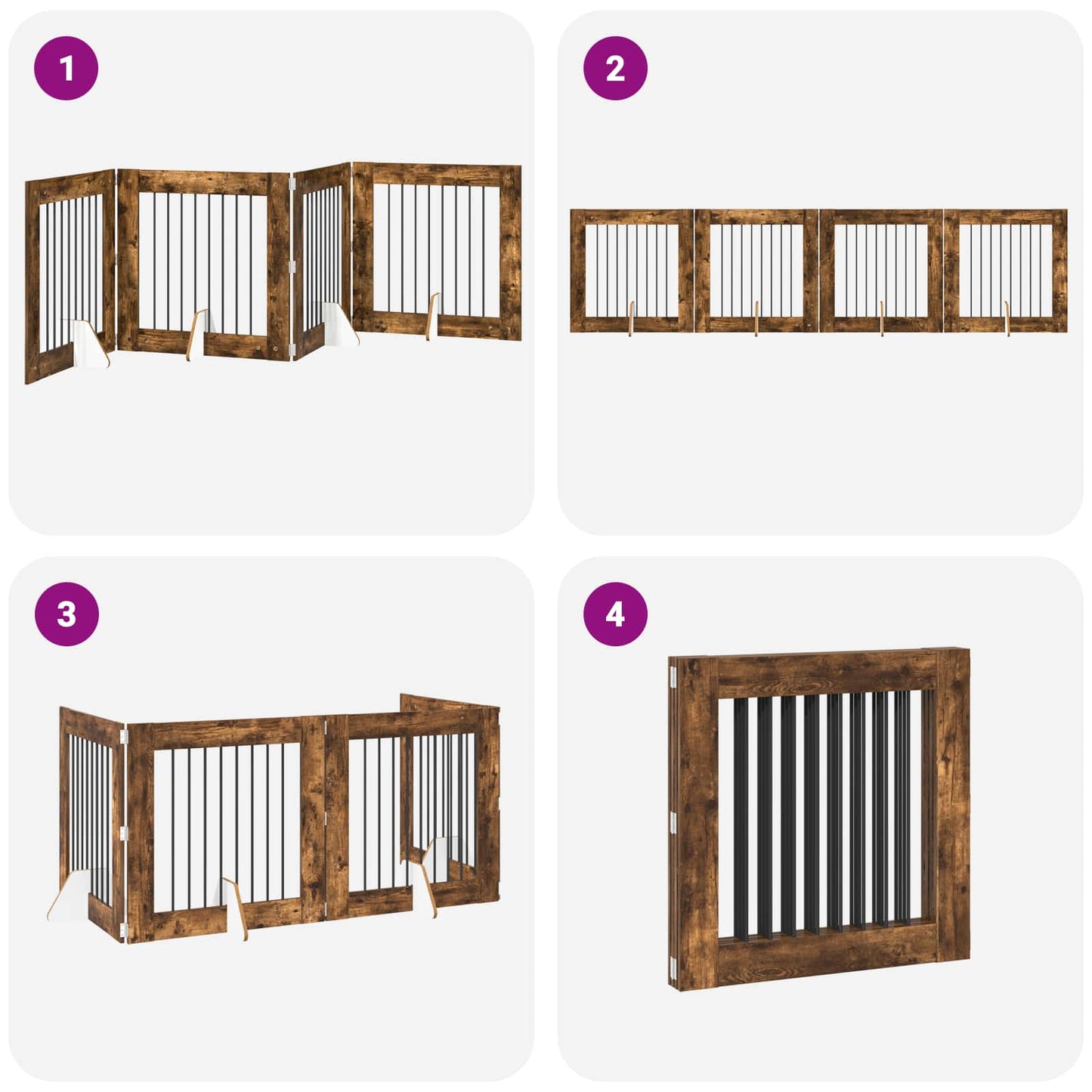 Sammenklappelig hundegitter med stativer 4 pcs Røget eg 321 cm