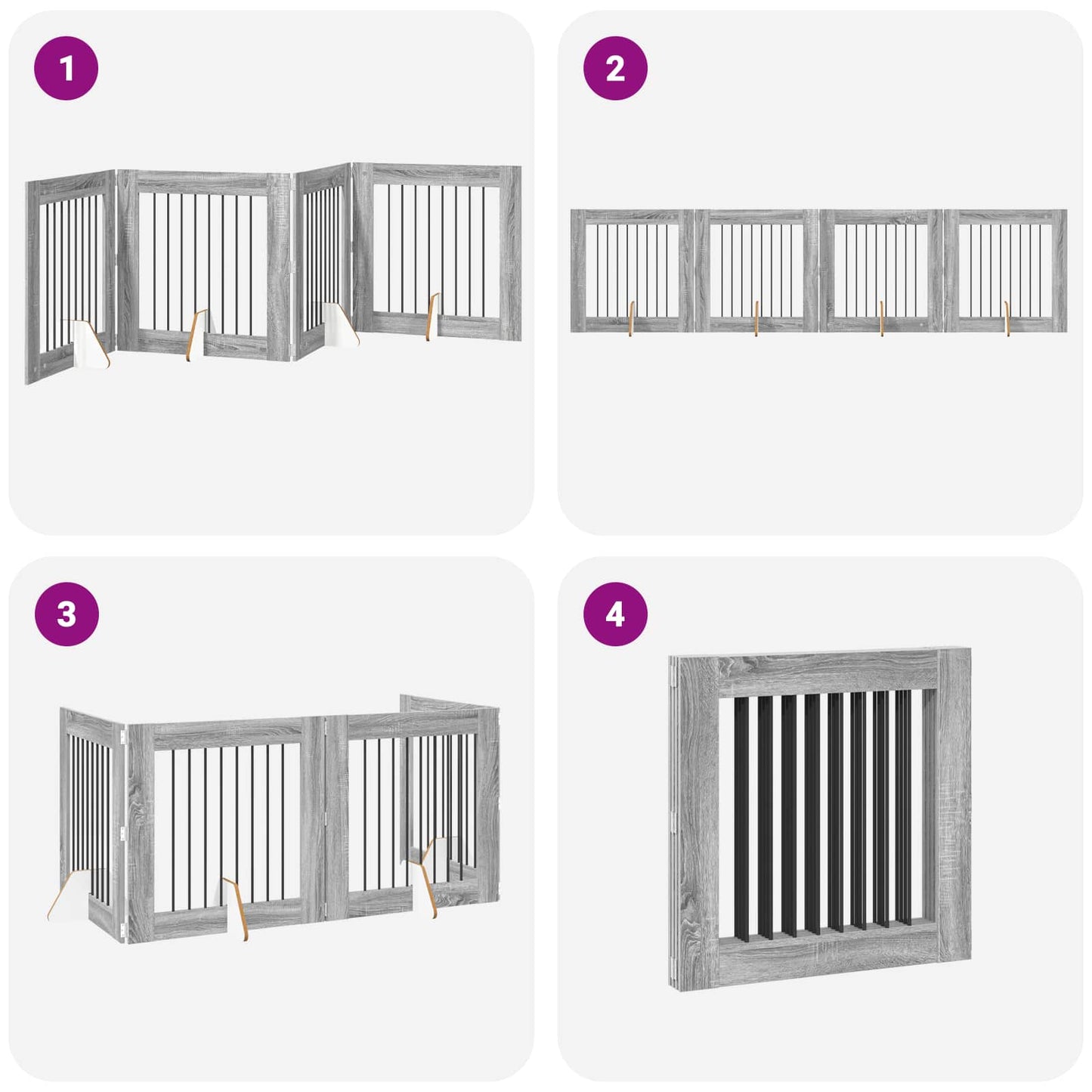 Sammenklappelig hundegitter med stativer 4 pcs Grå sonoma-eg