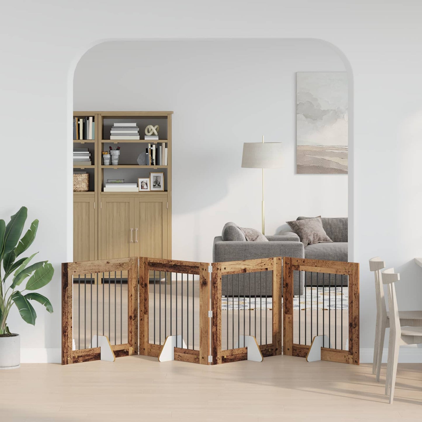Sammenklappelig hundegitter med stativer 4 pcs Gammelt træ