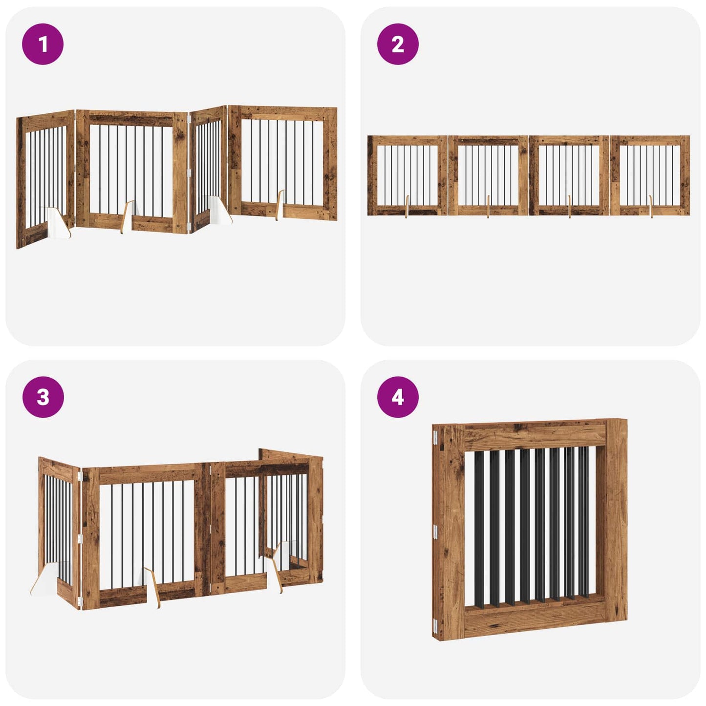 Sammenklappelig hundegitter med stativer 4 pcs Gammelt træ