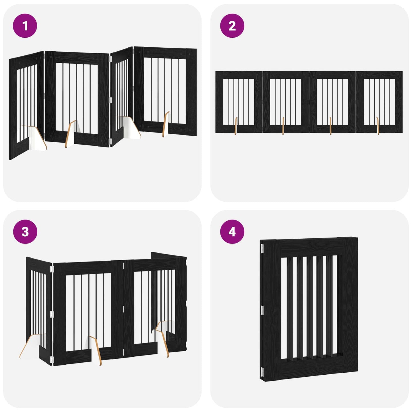 Sammenklappelig hundegitter med stativer 4 pcs Sort eg 241 cm
