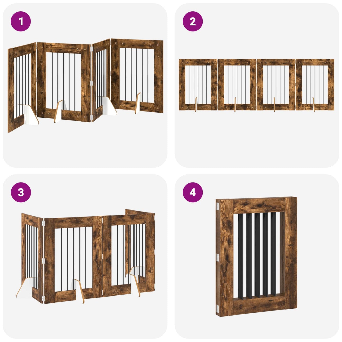 Sammenklappelig hundegitter med stativer 4 pcs Røget eg 241 cm