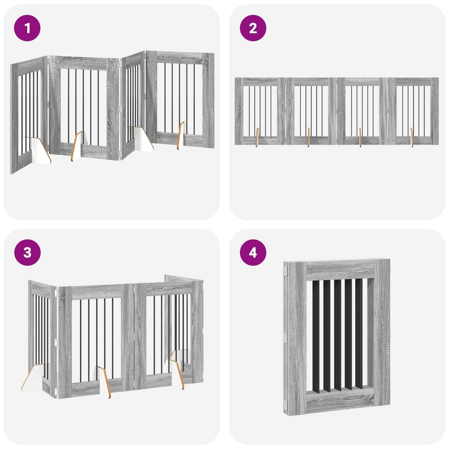 Sammenklappelig hundegitter med stativer 4 pcs Grå sonoma-eg
