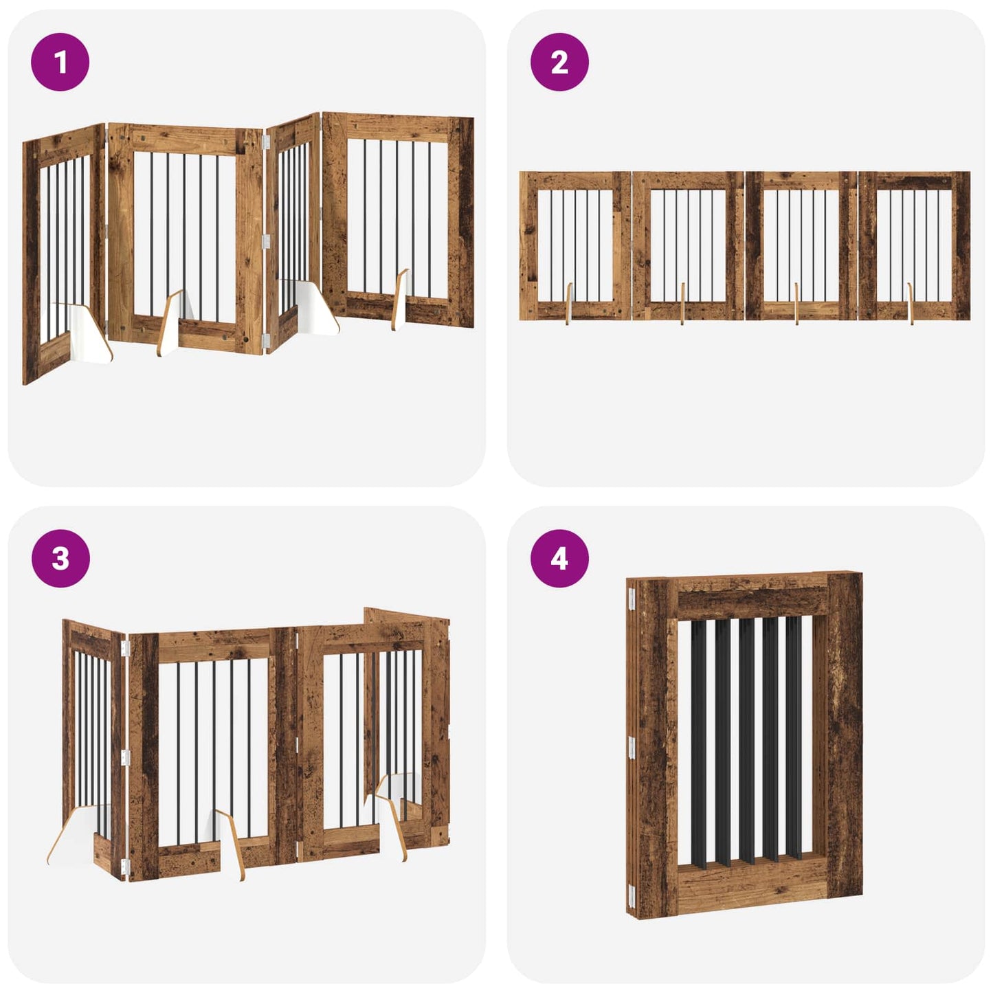 Sammenklappelig hundegitter med stativer 4 pcs Gammelt træ