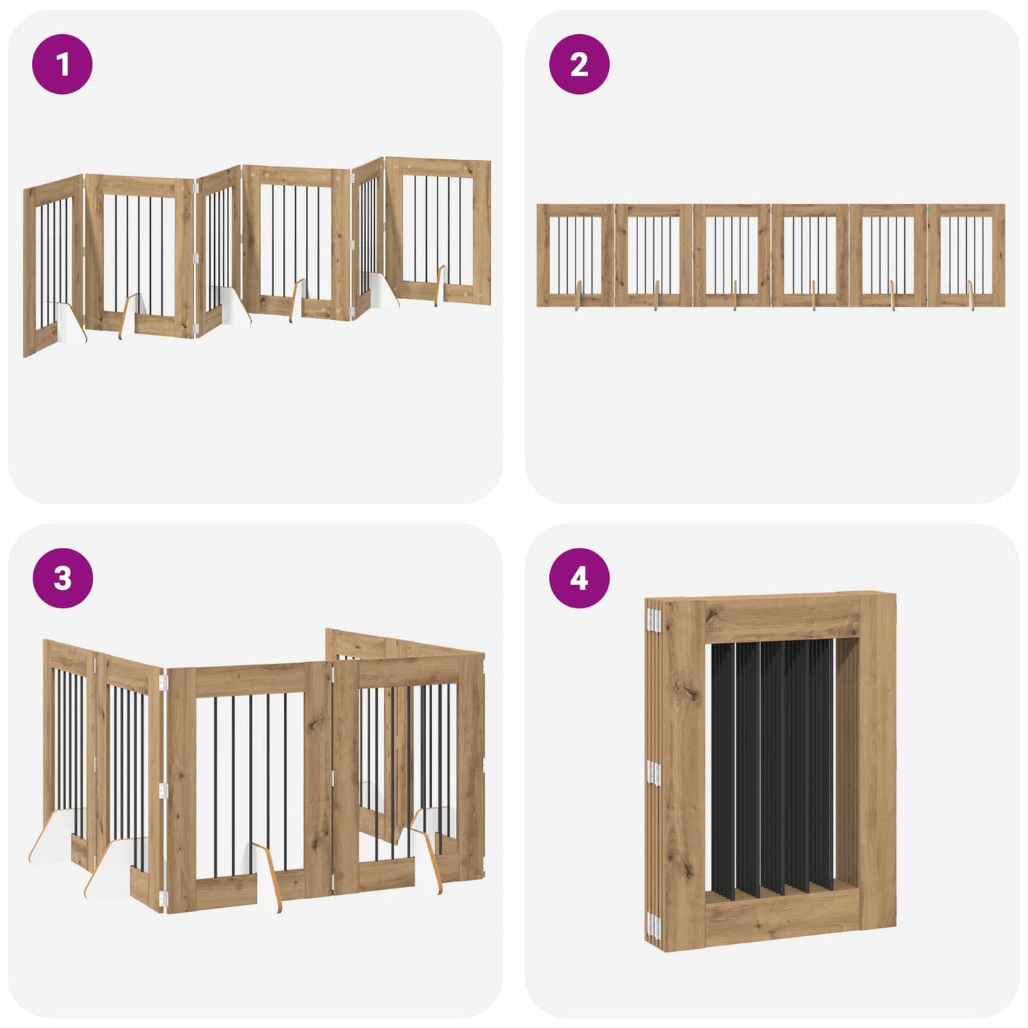 Sammenklappelig hundegitter med stativer 6 pcs Artisan-eg