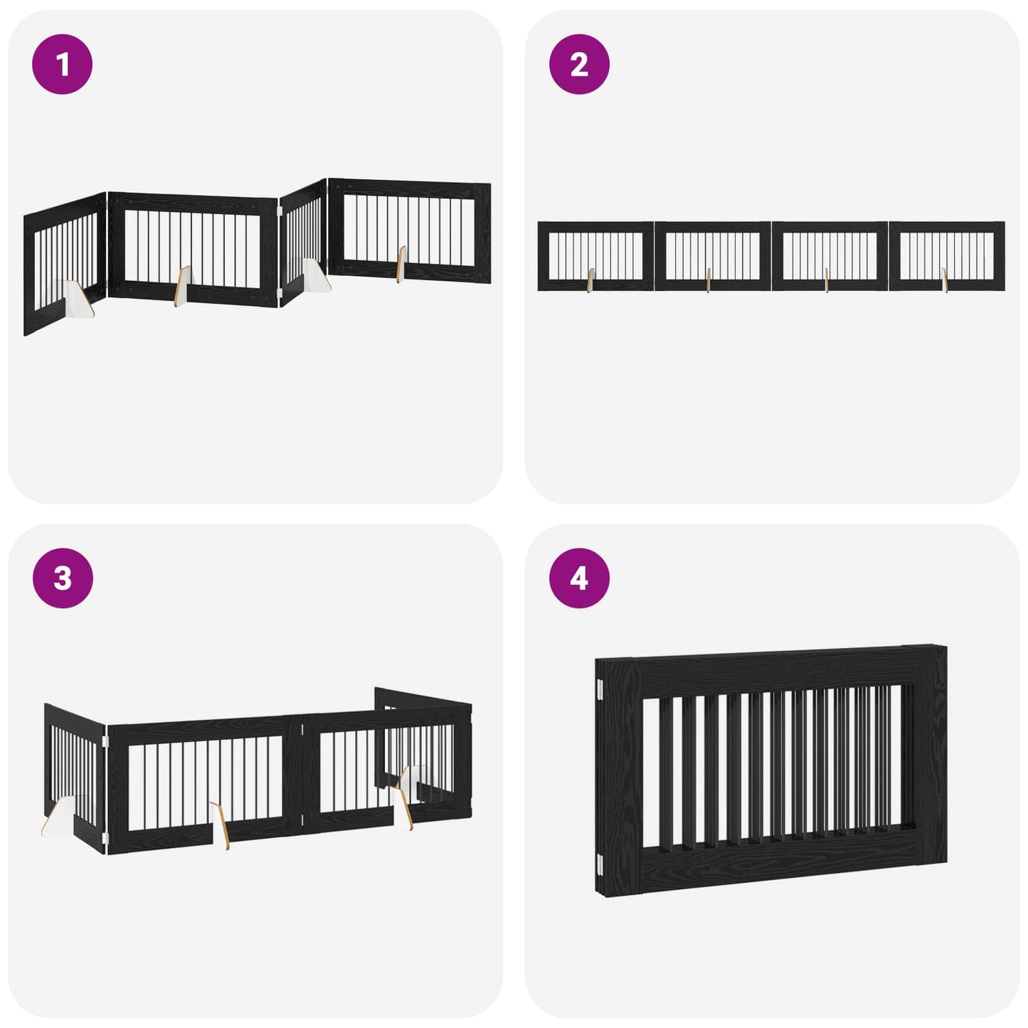 Sammenklappelig hundegitter med stativer 4 pcs Sort eg 401 cm