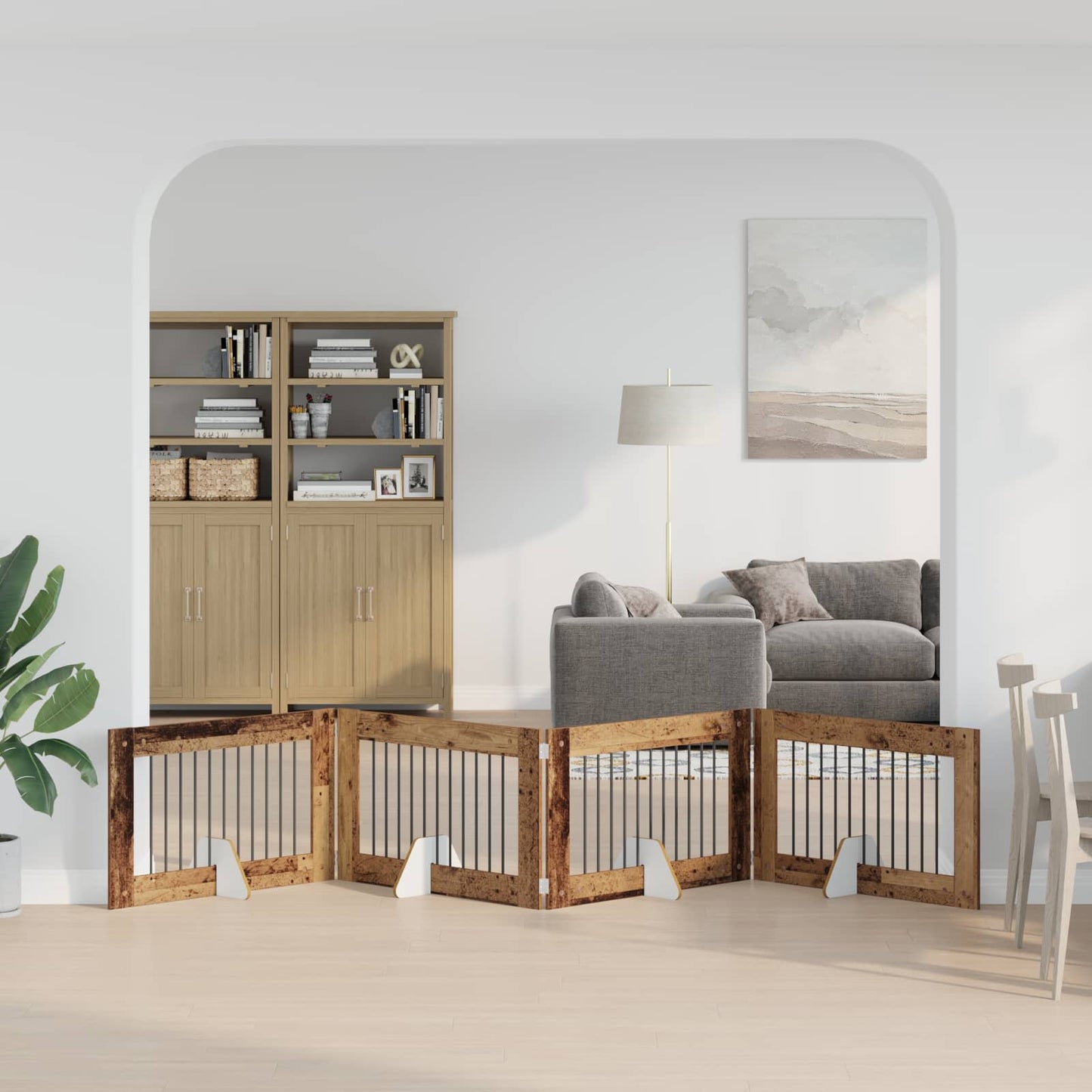 Sammenklappelig hundegitter med stativer 4 pcs Gammelt træ