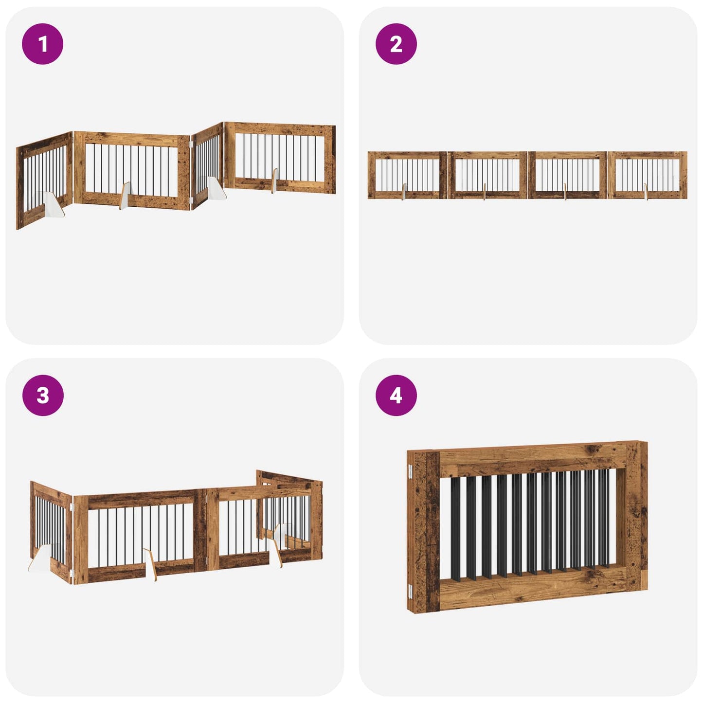 Sammenklappelig hundegitter med stativer 4 pcs Gammelt træ
