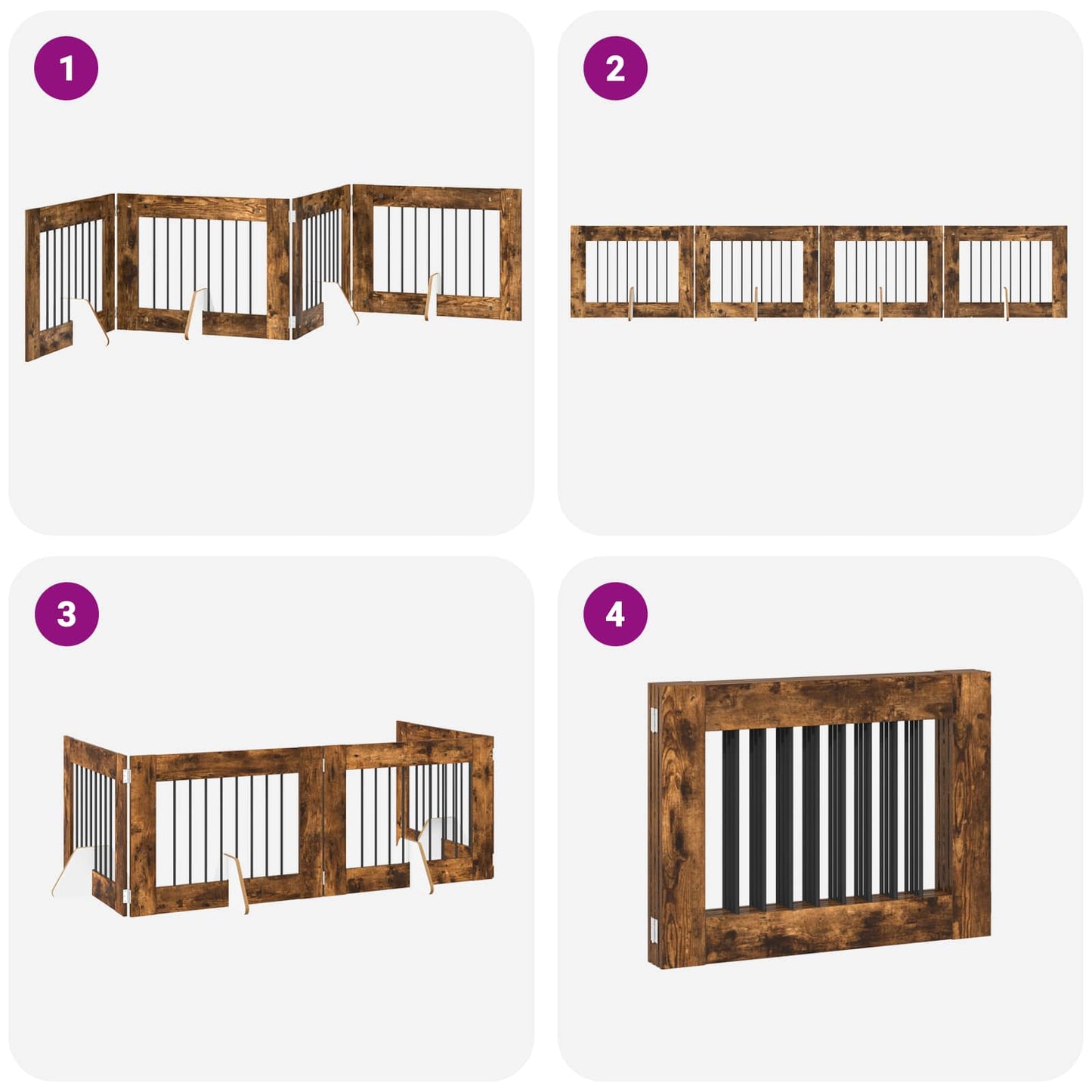 Sammenklappelig hundegitter med stativer 4 pcs Røget eg 321 cm