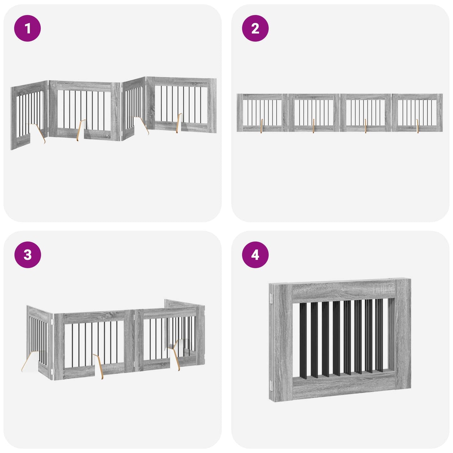 Sammenklappelig hundegitter med stativer 4 pcs Grå sonoma-eg