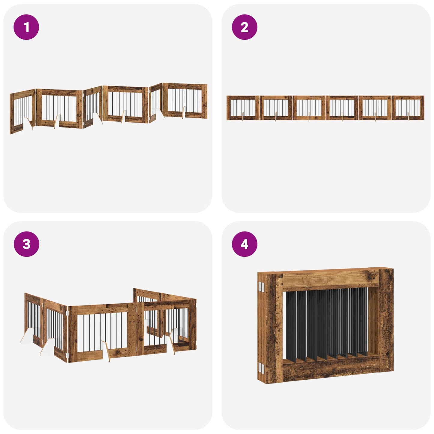 Sammenklappelig hundegitter med stativer 6 pcs Gammelt træ