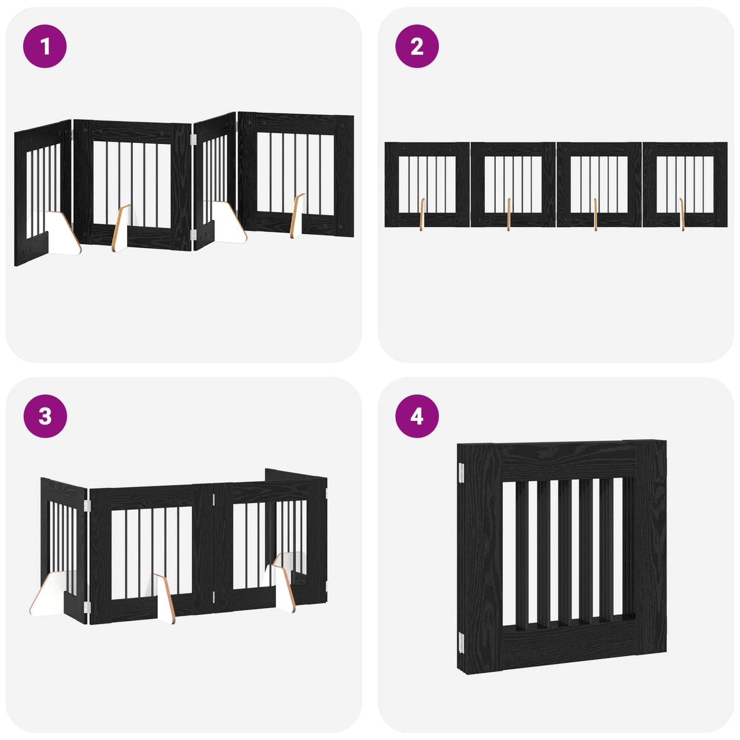 Sammenklappelig hundegitter med stativer 4 pcs Sort eg 241 cm