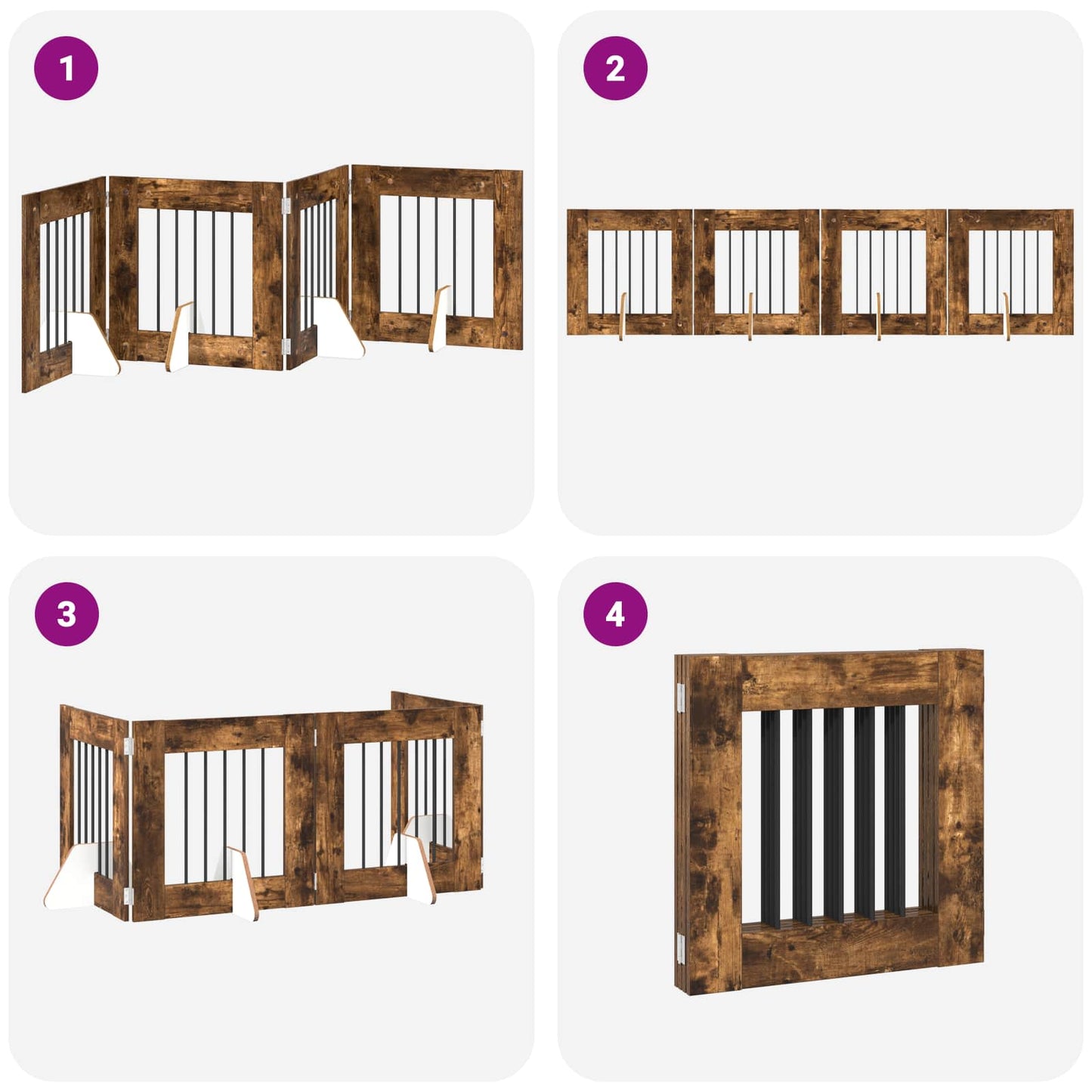 Sammenklappelig hundegitter med stativer 4 pcs Røget eg 241 cm
