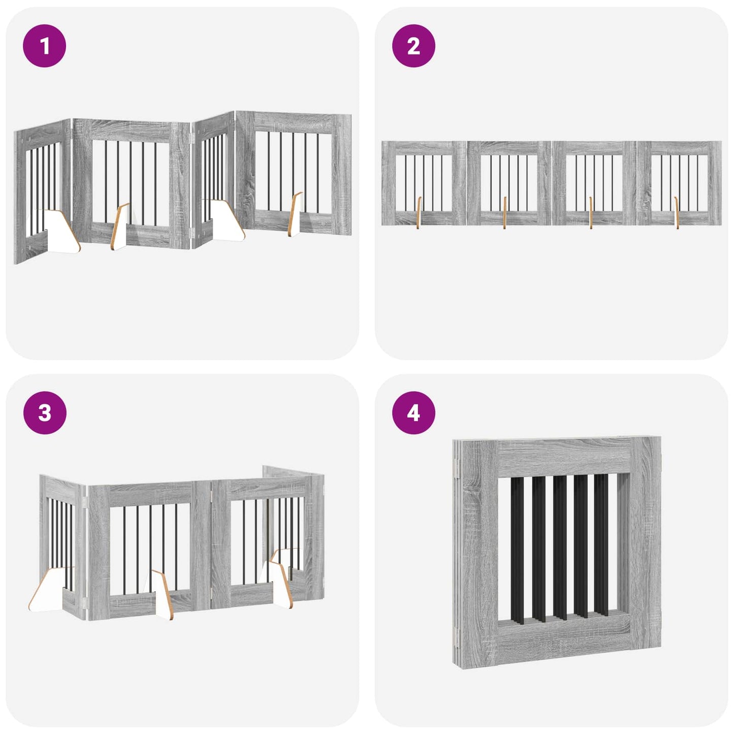 Sammenklappelig hundegitter med stativer 4 pcs Grå sonoma-eg