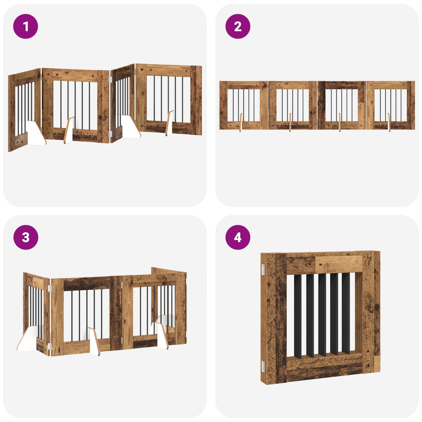 Sammenklappelig hundegitter med stativer 4 pcs Gammelt træ