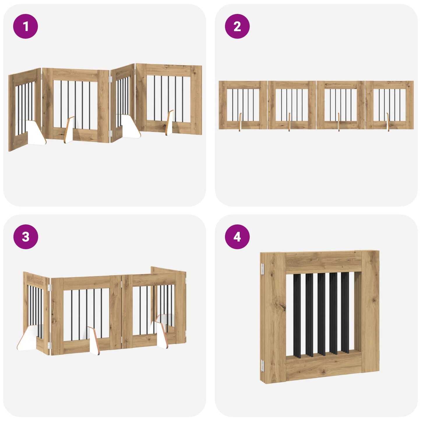 Sammenklappelig hundegitter med stativer 4 pcs Artisan-eg