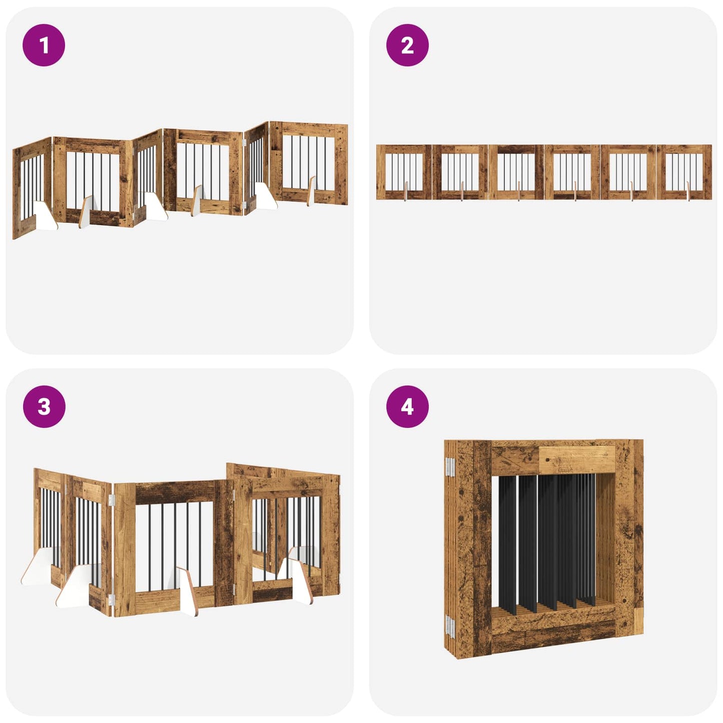 Sammenklappelig hundegitter med stativer 6 pcs Gammelt træ