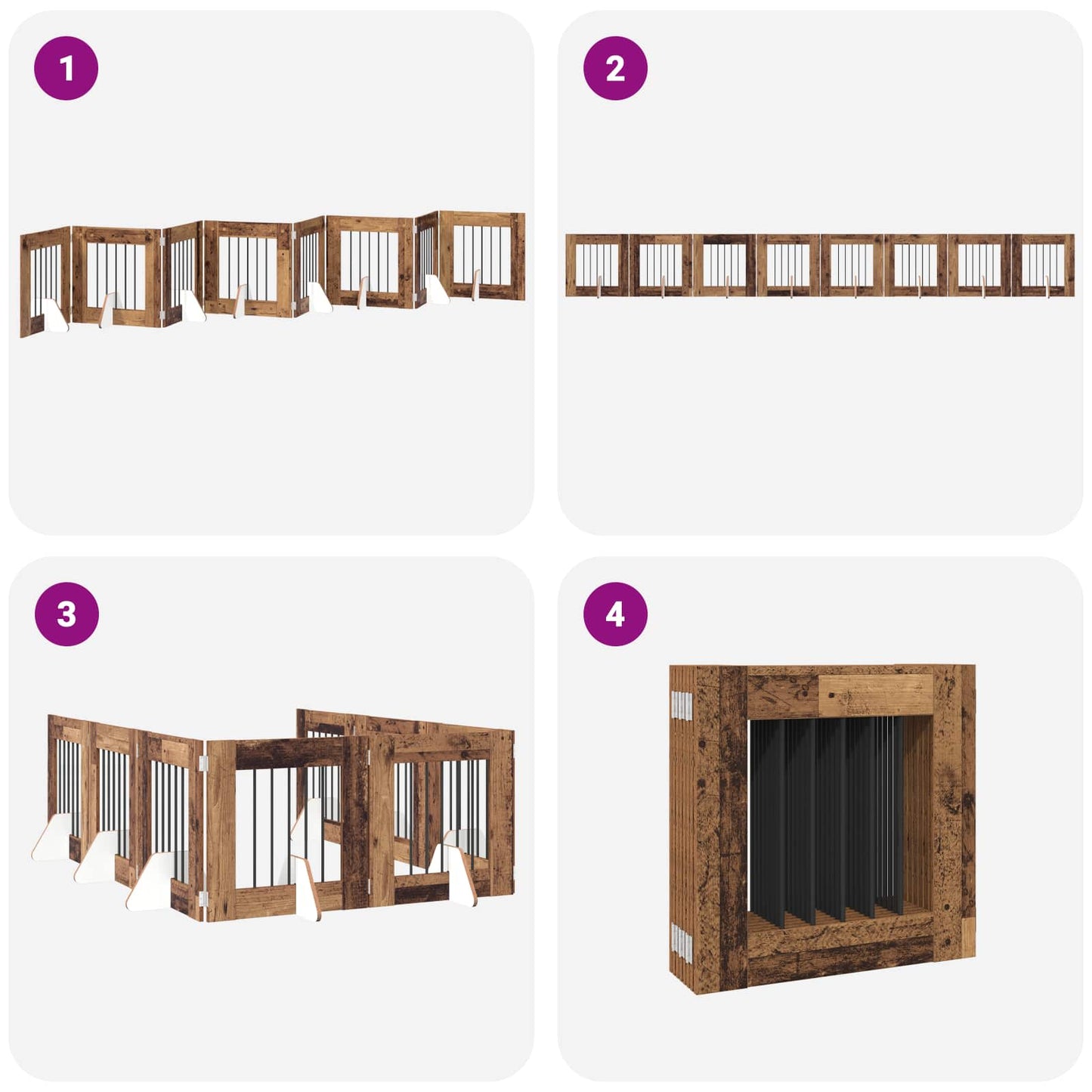 Sammenklappelig hundegitter med stativer 8 pcs Gammelt træ