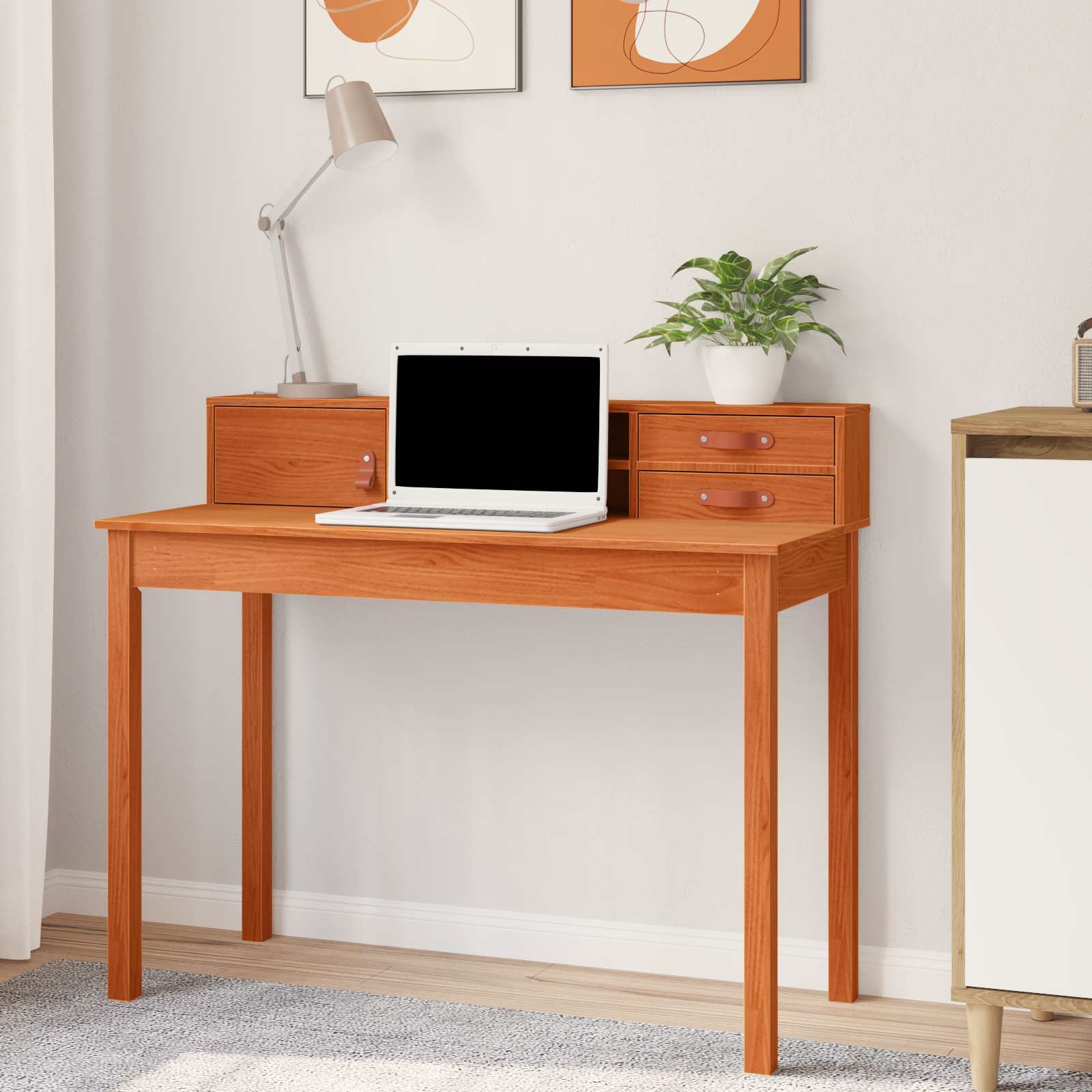 Skrivebord med skuffer - vokset brun, 110 × 50 × 93 cm, massivt fyrretræ