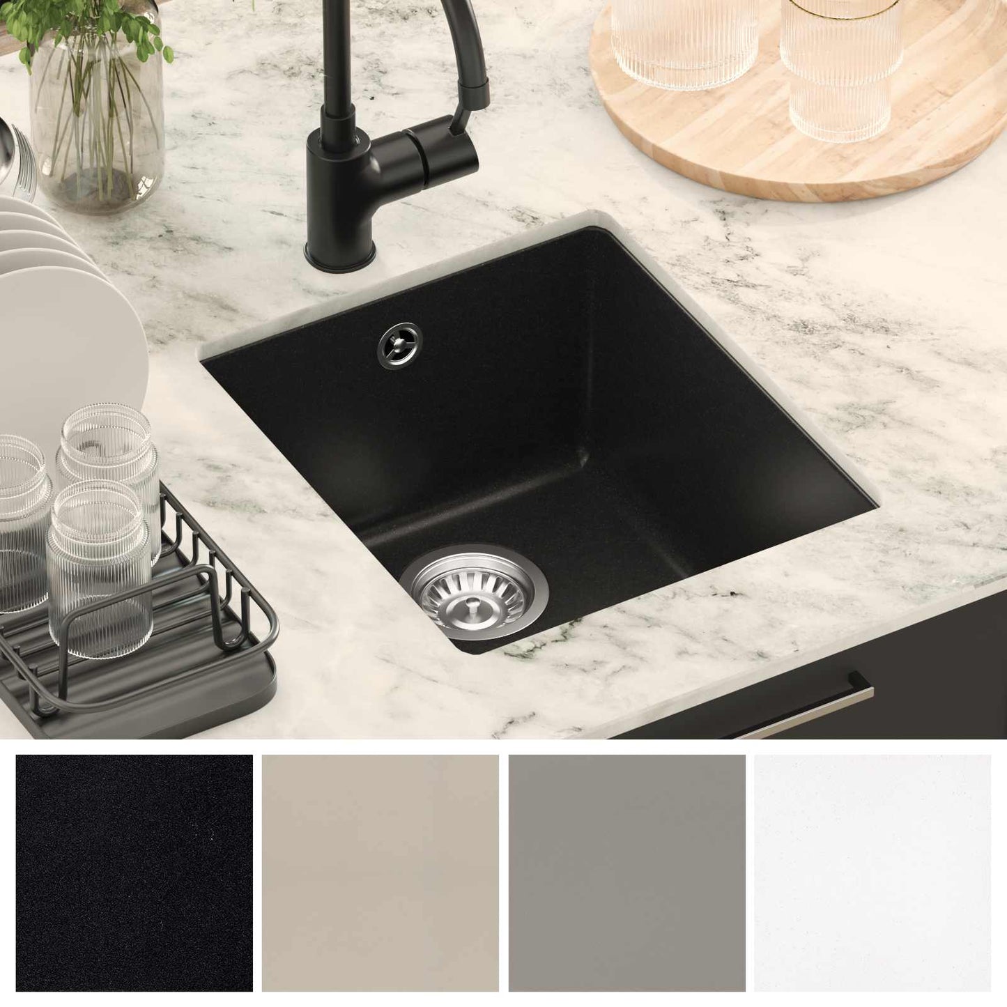 Vask 80% Kvarts og 20% Resin 370 x 460 mm Sort