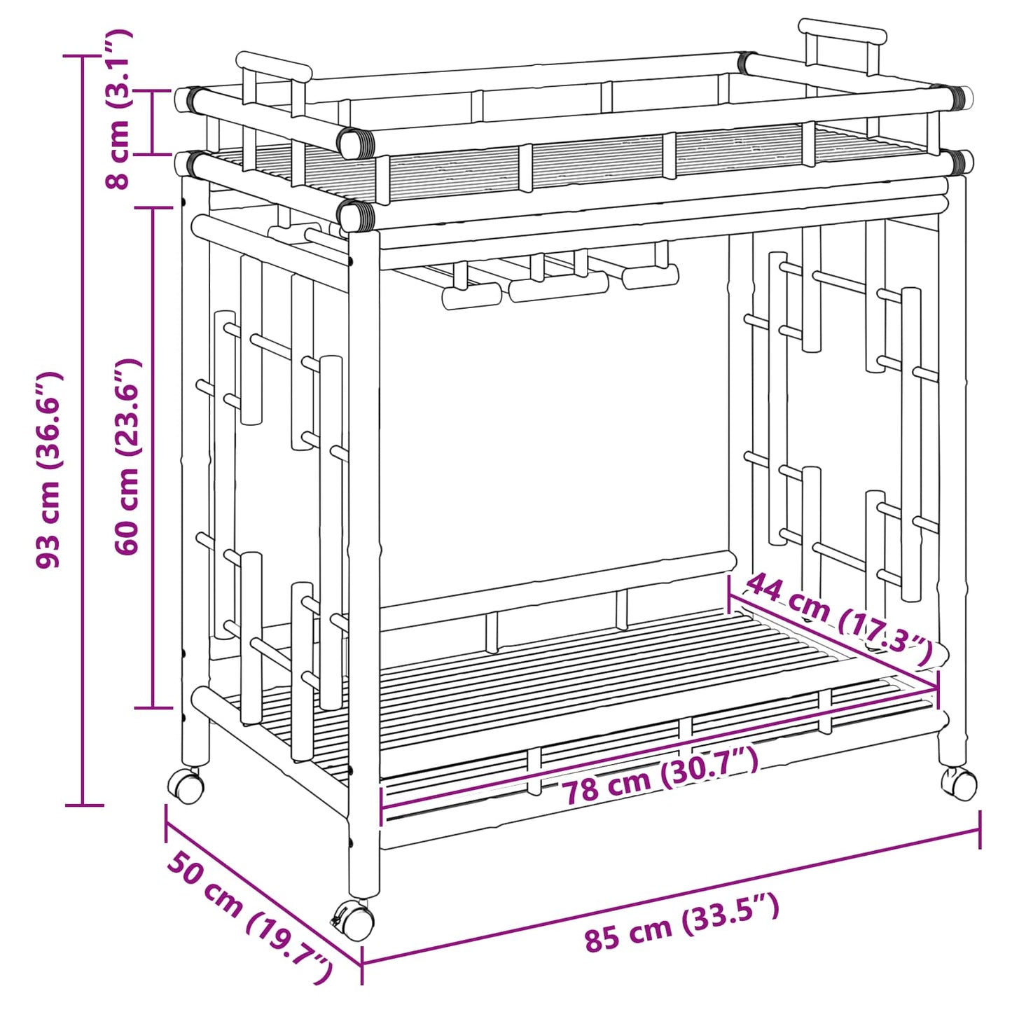 Vinvogn med hjul Naturfarvet 85 x 50 x 93 cm Bambus