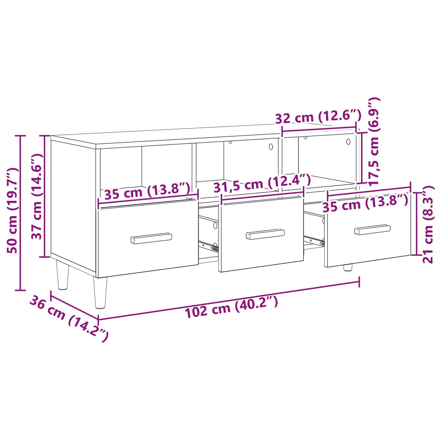 TV-skab med skuffe Sort eg 102 x 36 x 50 cm Konstrueret træ